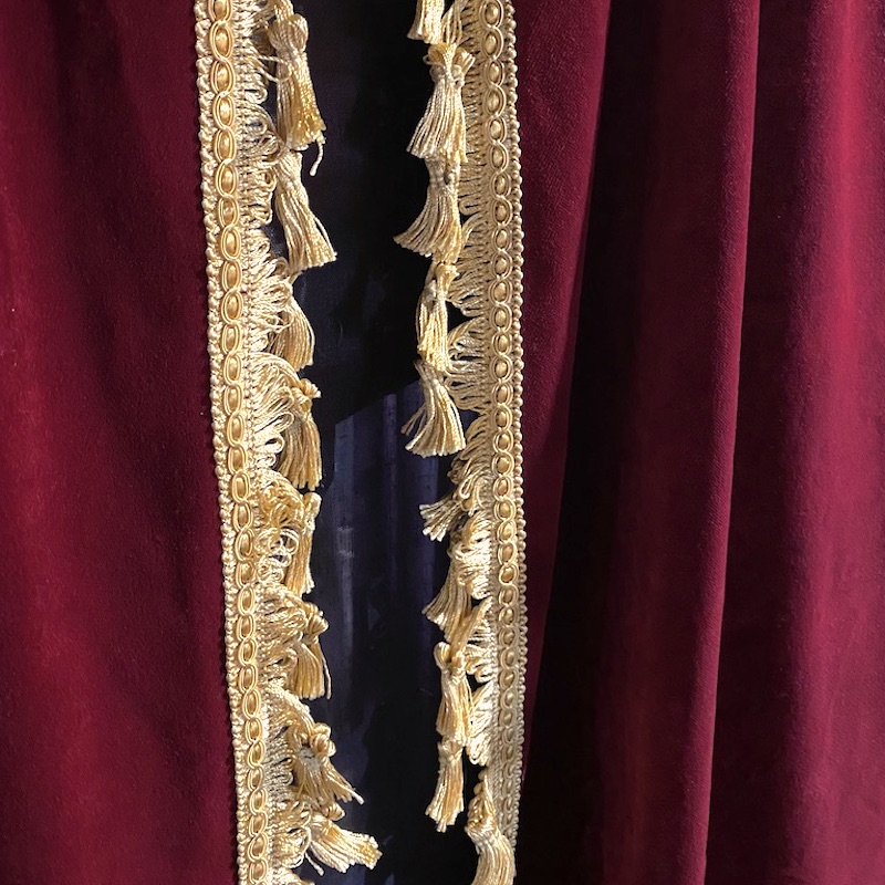 CURTAIN, Dark Red Velvet Pair w Gold Fringed Edge 2.6m x 2.6m drop